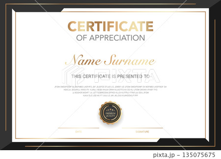 Elegant certificate of appreciation template with gold and black design, premium quality award diploma for achievement, education, business, corporate recognition and formal ceremony use. 135075675