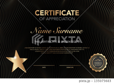 Elegant certificate of appreciation template with gold and black design, premium quality award diploma for achievement, education, business, corporate recognition and formal ceremony use. 135075683