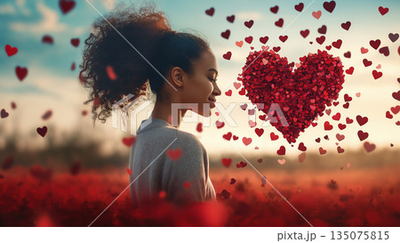 たくさんの小さなハートと女性 135075815