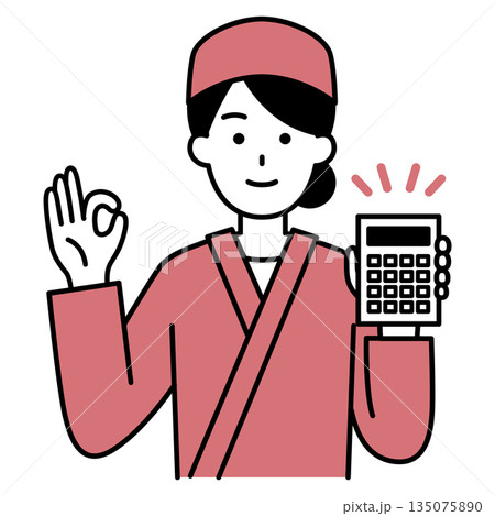 電卓を持ってOKサインをする和食屋の女性店員 135075890