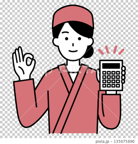 電卓を持ってOKサインをする和食屋の女性店員 135075890