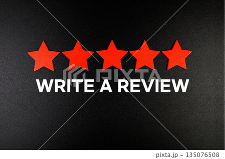Write a Review text with five star on black background 135076508