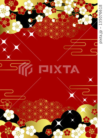 和風背景イラスト、かわいい、シンプル、梅、赤、キラキラ、縦 135076618