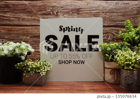 Hello Spring Sale 55% off Promotion Offer Discount Retail Shopping Concept 135076634