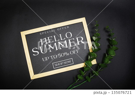 Summer Sale 50% off with green leaf on black background Promotion Offer Discount Retail Shopping Concept Summer Sale 50% off with green leaf on black background Promotion Offer Discount Retail Shopping Concept 135076721