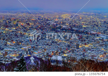 Night view of Sapporo cityscape in winter at twilight from Mt. Moiwa observation, the best city view point, Sapporo, Hokkaido, Japan Night view of Sapporo cityscape in winter at twilight from Mt. Moiwa observation, the best city view point, Sapporo, Hokkaido, Japan 135076754