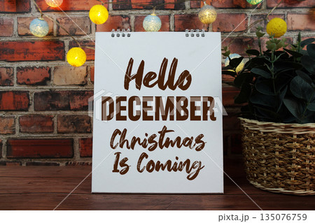 Hello December Christmas Is Coming text with LED cotton balls decoration Hello December Christmas Is Coming text with LED cotton balls decoration 135076759