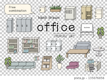 A set of rearrangeable line drawing office interior illustrations 135076856