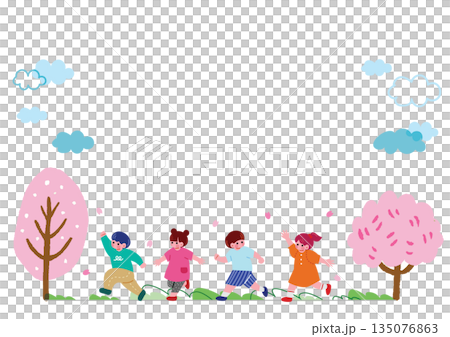 兒童在櫻花樹下玩耍的插圖 兒童在櫻花樹下玩耍的插圖 135076863