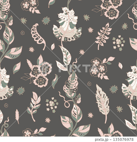 Charcoal Cottage Garden Floral Vine Pattern 135076978