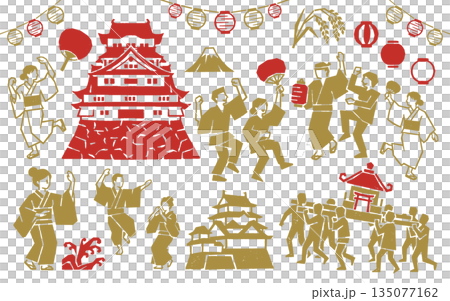 Japanese festival design material set: illustrations of castles, portable shrines, Bon Odori dances, and lanterns in a print style (vector) 135077162