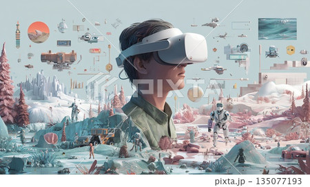バーチャル映像で仮想世界を体感する男性 バーチャル映像で仮想世界を体感する男性 135077193
