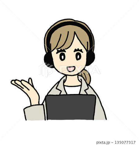 ヘッドセットをつけて説明する女性イラスト 135077317