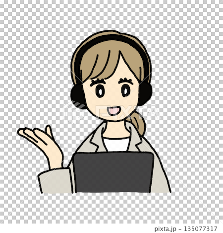 ヘッドセットをつけて説明する女性イラスト 135077317