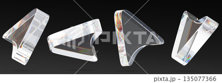 Glass arrow cursors set isolated on black background. Clear transparent 3D computer mouse render icon with rainbow light refraction, user interface navigation symbol to click button. 3D illustration 135077366