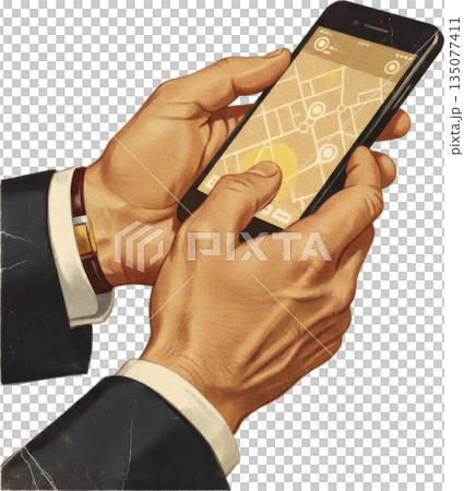 1950s business advertisement style man in suit searching for information on smartphone 135077411