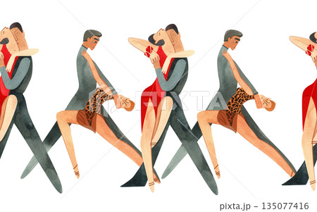Professional ballroom dancers perform in Latin American program at the tournament. Seamless watercolor border for banner on the website of dance competitions. 135077416