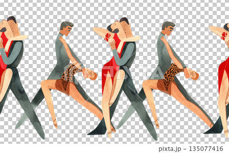 Professional ballroom dancers perform in Latin American program at the tournament. Seamless watercolor border for banner on the website of dance competitions. 135077416