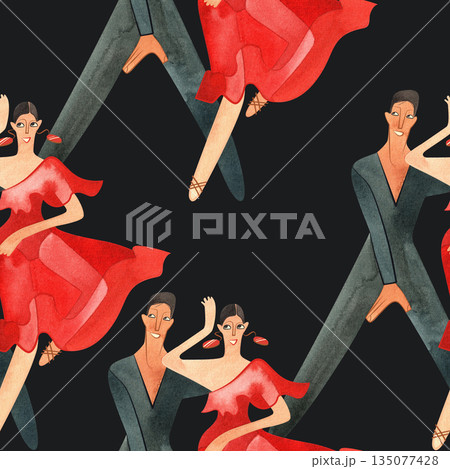 Couples on the parquet dancing La. Professional dancers on the performance. Seamless watercolor pattern for the design of the corporate identity of the brand of the dance school for adults. 135077428