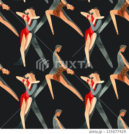 Dancing as a hobby for adults. ProAm in a dance studio. Seamless watercolor pattern for textile and fabric design for training dresses, bodysuits and suits. Merch for a dance studio. 135077429