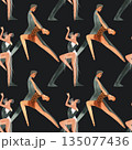 Dancing as a hobby for adults. ProAm in a dance studio. Seamless watercolor pattern for textile and fabric design for training dresses, bodysuits and suits. Merch for a dance studio. 135077436