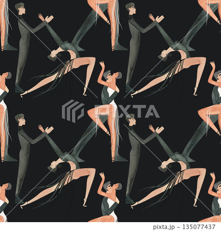 Dancing as a hobby for adults. ProAm in a dance studio. Seamless watercolor pattern for textile and fabric design for training dresses, bodysuits and suits. Merch for a dance studio. Dancing as a hobby for adults. ProAm in a dance studio. Seamless watercolor pattern for textile and fabric design for training dresses, bodysuits and suits. Merch for a dance studio. 135077437