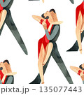 Latin American program of sport ballroom dancing. ProAm show. Seamless pattern for decoration of merch and souvenirs of dance school for adults. Wrapping paper, paper bags, notebook cover 135077443