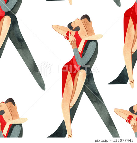 Latin American program of sport ballroom dancing. ProAm show. Seamless pattern for decoration of merch and souvenirs of dance school for adults. Wrapping paper, paper bags, notebook cover Latin American program of sport ballroom dancing. ProAm show. Seamless pattern for decoration of merch and souvenirs of dance school for adults. Wrapping paper, paper bags, notebook cover 135077443