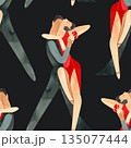 Latin American program of sport ballroom dancing. ProAm show. Seamless pattern for decoration of merch and souvenirs of dance school for adults. Wrapping paper, paper bags, notebook cover 135077444