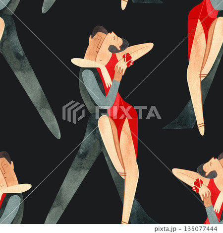 Latin American program of sport ballroom dancing. ProAm show. Seamless pattern for decoration of merch and souvenirs of dance school for adults. Wrapping paper, paper bags, notebook cover 135077444