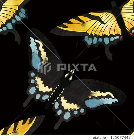 Butterfly. Black swallowtail, Eastern tiger swallowtail. Seamless watercolor pattern for printing on fabric, textiles, wrapping paper, bags, notebooks and notepads. Trend for spring/summer 2026 135077445
