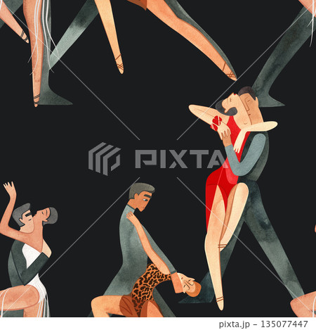 Couples on the parquet dancing La. Professional dancers on the performance. Seamless watercolor pattern for the design of the corporate identity of the brand of the dance school for adults. Couples on the parquet dancing La. Professional dancers on the performance. Seamless watercolor pattern for the design of the corporate identity of the brand of the dance school for adults. 135077447