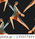 Latin American program of sport ballroom dancing. ProAm show. Seamless pattern for decoration of merch and souvenirs of dance school for adults. Wrapping paper, paper bags, notebook cover 135077449