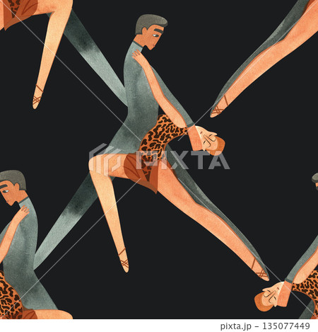 Latin American program of sport ballroom dancing. ProAm show. Seamless pattern for decoration of merch and souvenirs of dance school for adults. Wrapping paper, paper bags, notebook cover 135077449