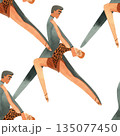 Latin American program of sport ballroom dancing. ProAm show. Seamless pattern for decoration of merch and souvenirs of dance school for adults. Wrapping paper, paper bags, notebook cover 135077450