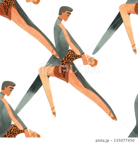 Latin American program of sport ballroom dancing. ProAm show. Seamless pattern for decoration of merch and souvenirs of dance school for adults. Wrapping paper, paper bags, notebook cover 135077450