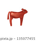 Red Angus is the most popular beef cattle breed for beef steaks. Calf. Character for packaging, children's book and encyclopedia. Isolated watercolor illustration in retro style. Clipart. 135077455
