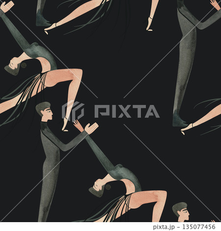 Couples on the parquet dancing La. Professional dancers on the performance. Seamless watercolor pattern for the design of the corporate identity of the brand of the dance school for adults. 135077456