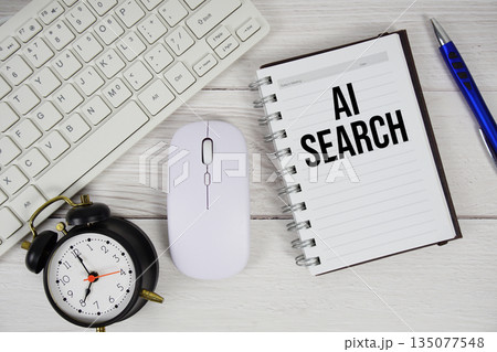 AI Search text with alarm clock, keyboard and wireless mouse on wooden background 135077548