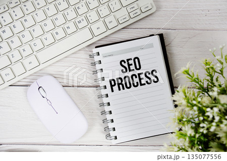 SEO Process text with keyboard and wireless mouse on wooden background 135077556