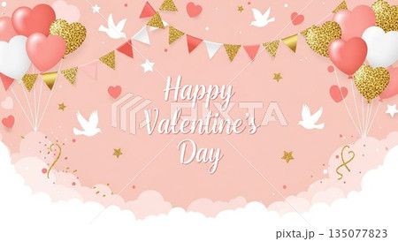 バレンタインを彩る立体風ハートと気球のデザイン背景 135077823