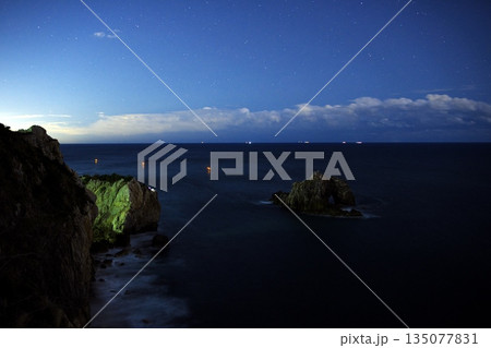 秋の伊良湖岬　日出園地から月明りの日出の石門（沖の石門）を望む 135077831