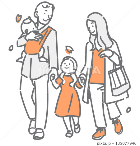 春のお散歩を楽しむ若い家族　シンプルでお洒落な線画イラスト 135077946