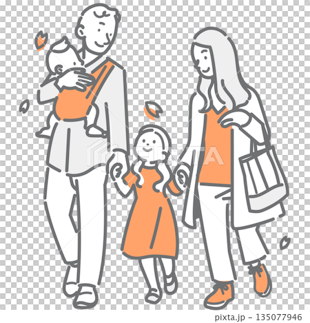 A young family enjoying a spring walk. A simple and stylish line drawing illustration 135077946