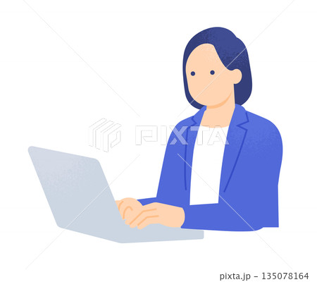 データ分析や資料作成を行う女性。ノートパソコンでデスクワークをする人物イラスト。 135078164