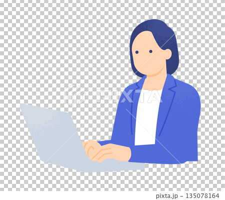 データ分析や資料作成を行う女性。ノートパソコンでデスクワークをする人物イラスト。 135078164