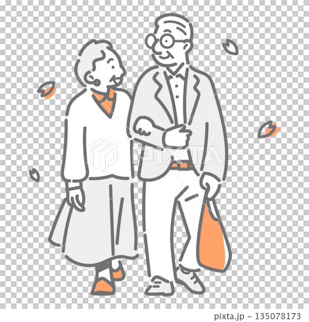 一幅簡潔而時尚的線條畫，描繪了一對老年夫婦享受春日漫步的場景。 135078173