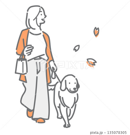 犬を散歩させる若い女性 シンプルでお洒落な線画イラスト 犬を散歩させる若い女性 シンプルでお洒落な線画イラスト 135078305