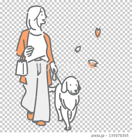 一幅簡潔時尚的線條畫，描繪了一位年輕女子遛狗的場景。 135078305