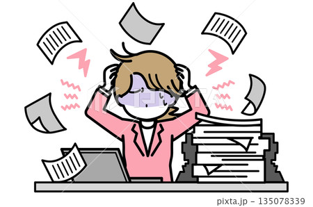 書類が山積みで舞い散る業務過多のイメージイラスト 女性事務員の業務の課題 135078339